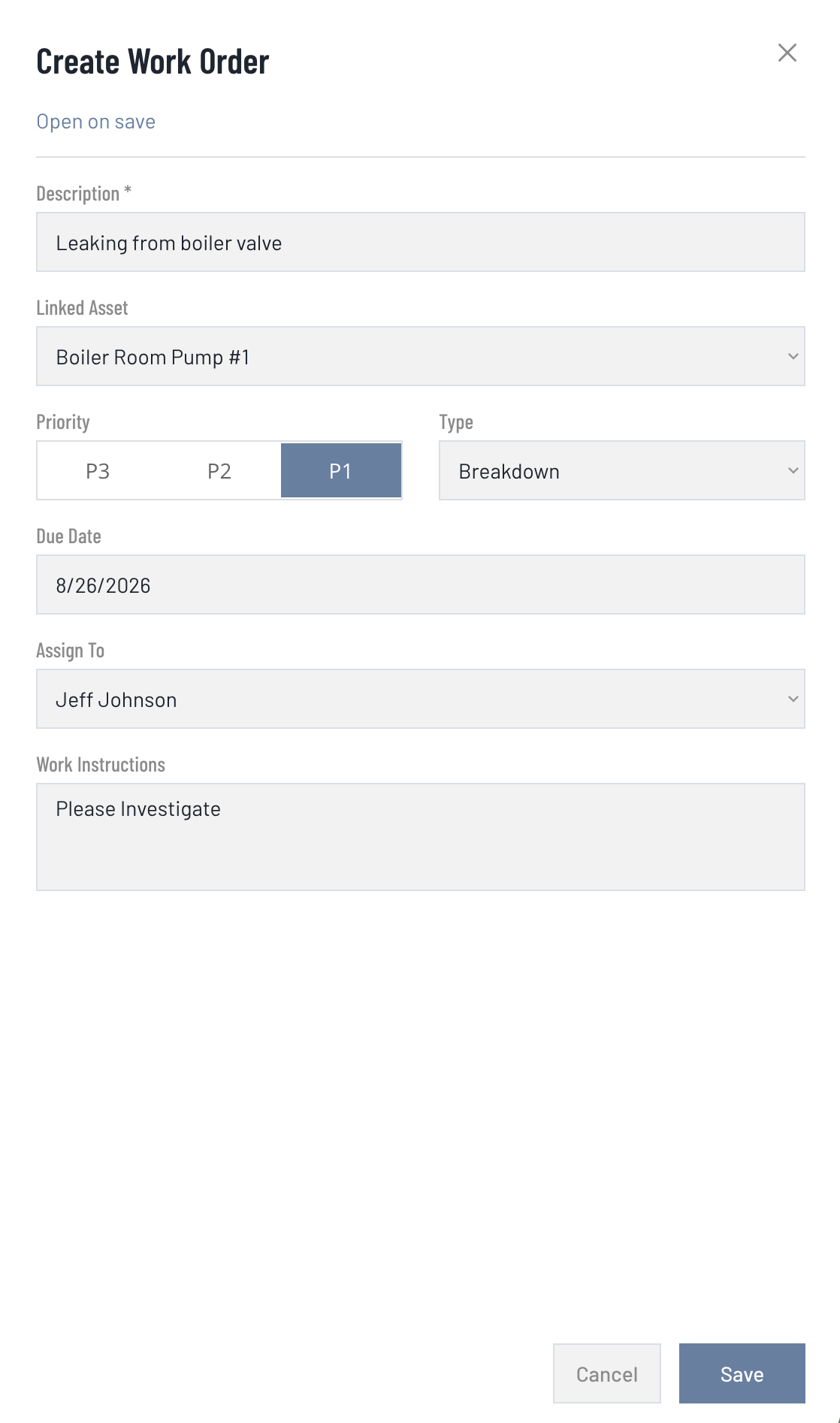 Maintelity create work order pane